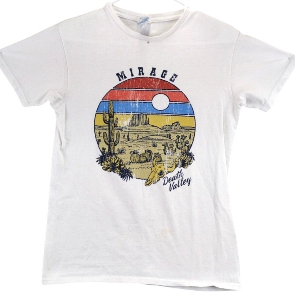 Death Valley Mirage Cactus Skull Graphic T Shirt Mens White Size Small VTG